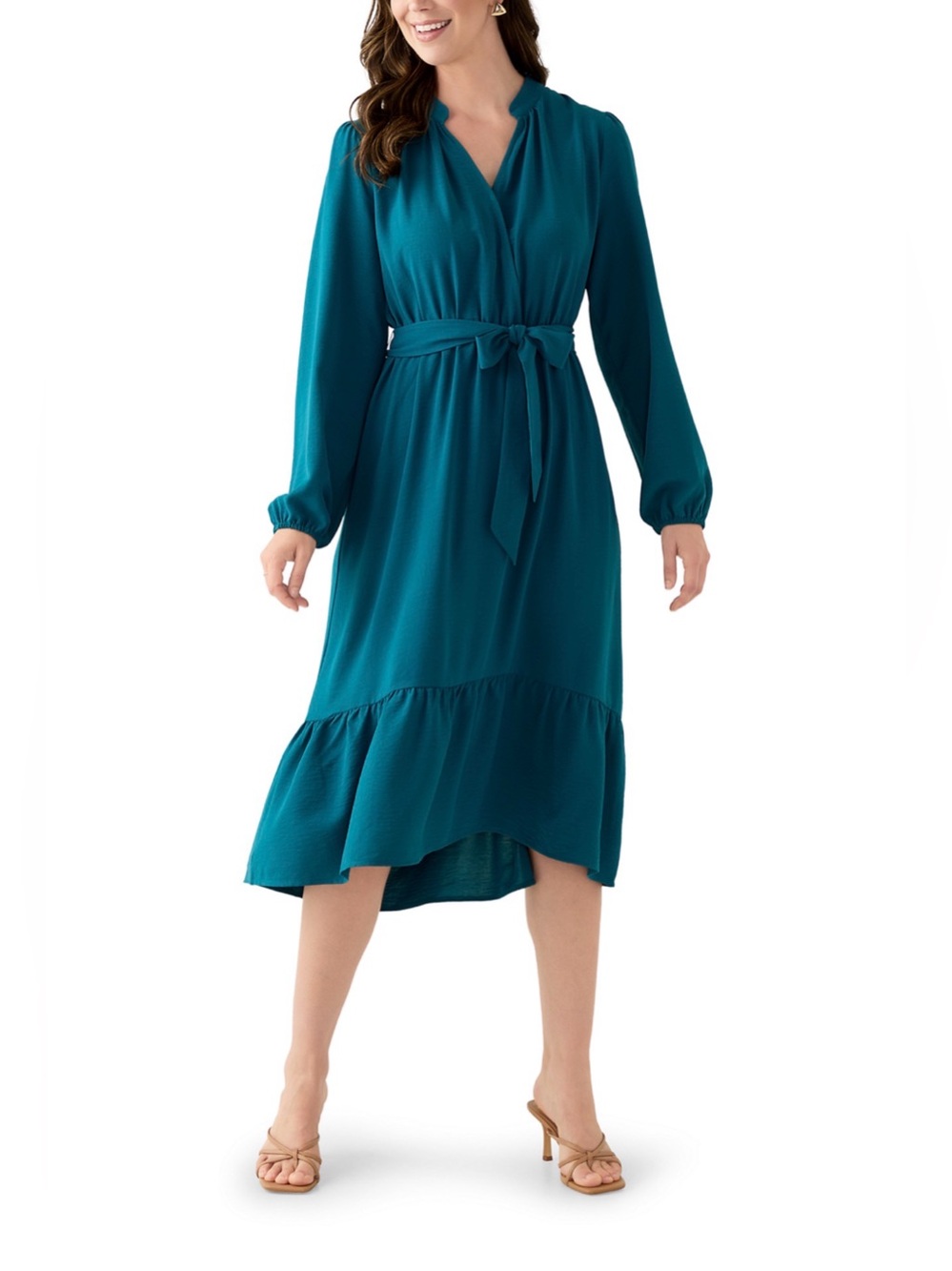 Emma & Michele Teal Long-Sleeve Tie-Waist Midi Dress.